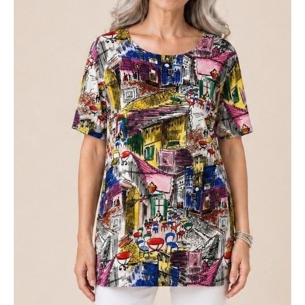 NorthStyle‎ Womens Tunic Top Size L Multi Color European Cafe Art Print